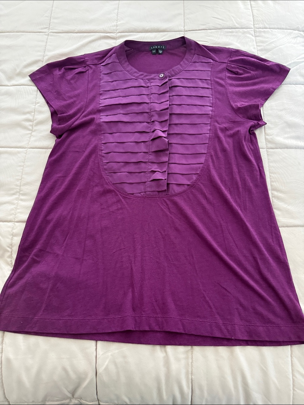 Theory Plum Pleated Silk Front Short Sleeve Blouse Size S